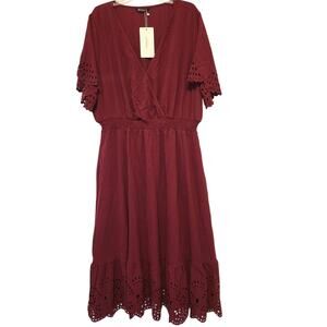 Sz 22/24 BLOOMCHIC Maroon Laser-Cut Eyelet Surplice Ruffle Hem Short-Slv Dress